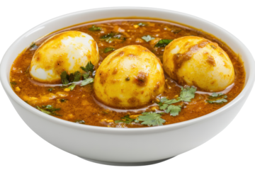 Three boiled eggs in rich curry sauce garnished with herbs