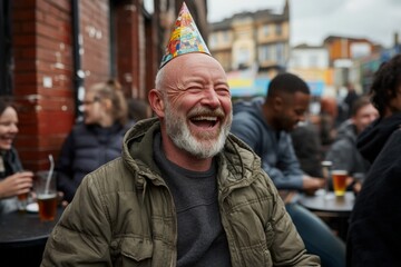 Man celebrates birthday outdoors with friends, wearing a party hat while enjoying drinks at a lively gathering in a vibrant neighborhood