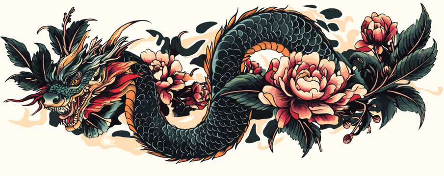Colorful dragon with flowers: traditional japanese tattoo art with dramatic details.