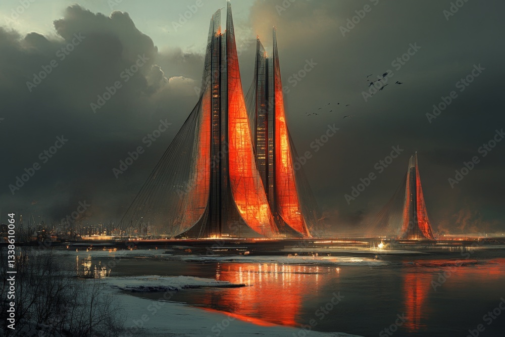 Poster futuristic cityscape featuring tall illuminated structures beside a dark river during twilight hours