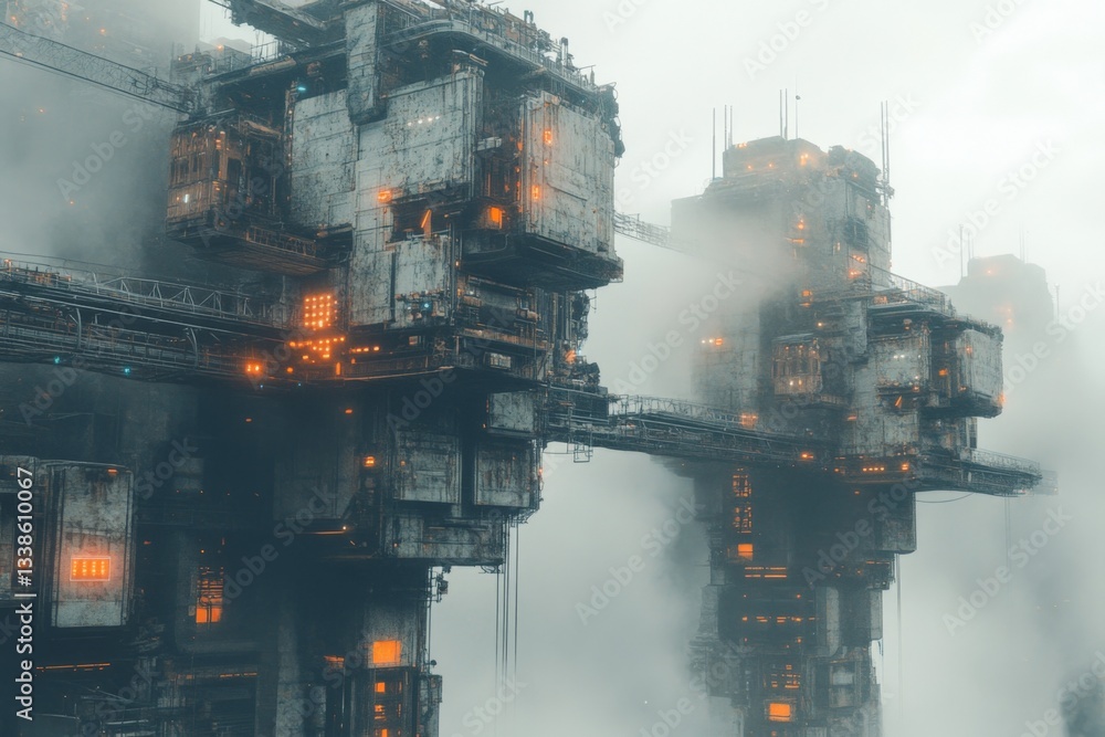 Aufkleber atmospheric futuristic landscape featuring towering structures amid fog and dusky lighting during tw