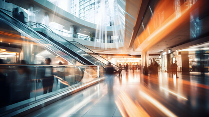 A Bustling Modern Mall, A Vibrant Tapestry Of Shoppers Navigating Gleaming Escalators And Bright Shopfronts, Captured In A Dynamic Blur Of Motion And Warm Light