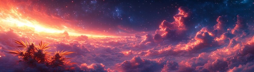a mesmerizing cosmic landscape with fiery hues and vibrant clouds. It evokes a sense of awe and wonder, resembling an otherworldly paradise