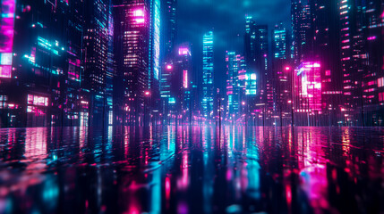 Naklejka premium Cyberpunk city lights neon cityscape at night with rain reflections in a futuristic urban landscape