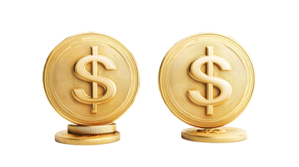 Golden dollar coins and dollar signs, finance, banking, and investment concept, realistic metallic shine, Transparent Background PNG