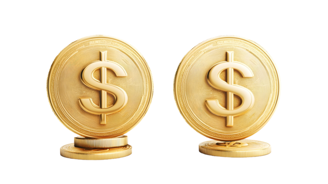 Golden dollar coins and dollar signs, finance, banking, and investment concept, realistic metallic shine, Transparent Background PNG