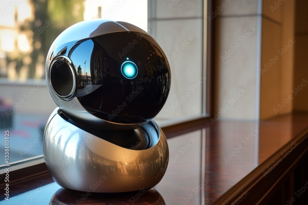 Aufkleber modern robot assistant positioned by a window in an upscale urban setting during daylight hours