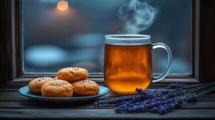 Warm tea, cookies, & lavender by a window