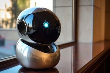 Modern robot assistant positioned by a window in an upscale urban setting during daylight hours