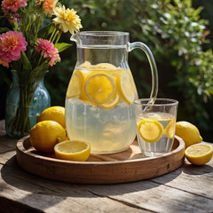 Fototapeta premium Glass pitcher of lemonade with fresh slices, wooden tray, summer flowers. Rescue from the heat with homemade lemonade. Lemonade on the street.