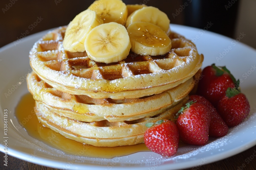 Poster stack of delicious waffles topped with fresh banana slices and strawberries drizzled with syrup in n