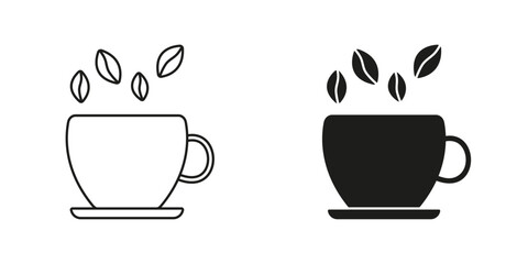 Cup with Coffee Beans Line and Silhouette Icon Set. Hot Drink in Cup Symbol. Editable Stroke. Isolated Vector Illustration