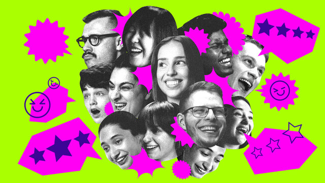 Excited expressions of diverse people with rating symbols. Customer response, branding, product evaluations. Concept of testimonial, business, reviews, consumer engagement. Photocopy effect. 10 models