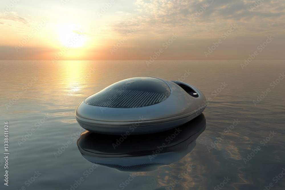 Poster futuristic vessel floating on calm water during sunrise with a serene horizon and soft clouds in the