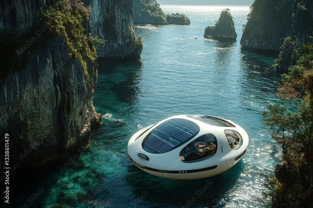 Poster futuristic solar-powered floating pod navigating serene waters in a rocky coastal landscape