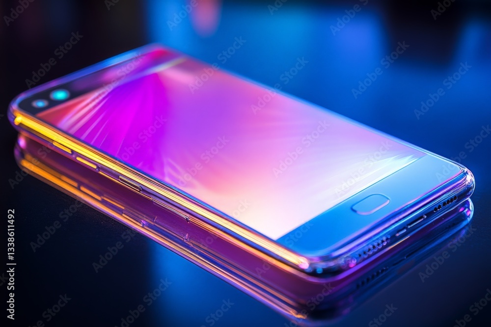 Aufkleber smartphone with vibrant display reflecting colorful lights on a sleek surface