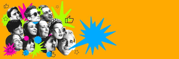 Collage of people expressing emotions, engaging in conversation. Showcasing teamwork, positive feedback, and audience engagement. Concept of business, testimonials, and communication. Photocopy effect
