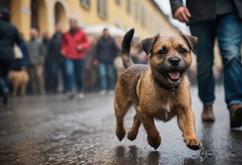 Border terrier running on the road of urban downtown on a old city, happy doggy playing in the streets