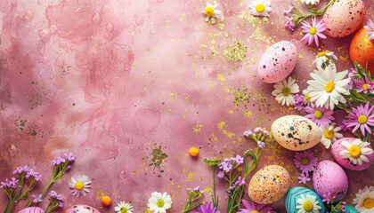 Beautiful Easter card with colorful eggs and cherry blossoms on textured background. AI generated illustration.
