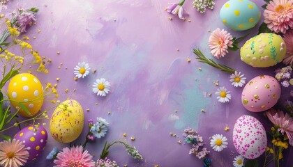 Beautiful Easter card with colorful eggs and cherry blossoms on pink textured background. AI generated illustration.