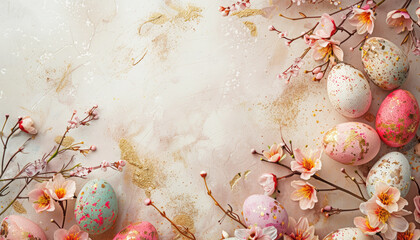 Beautiful card with Easter eggs and cherry blossoms on beige textured background. AI generated illustration.