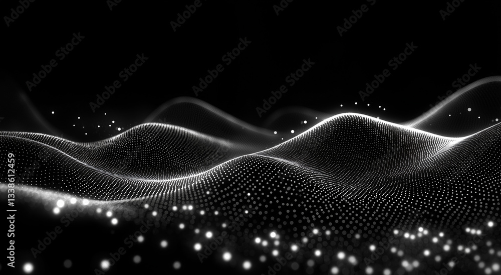 Aufkleber high-quality 3d digital particle waves on black background – abstract big data visualization with dy