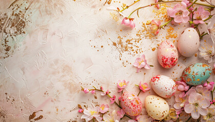 Elegant card with Easter eggs and cherry blossoms on beige and pink textured background. AI generated illustration.