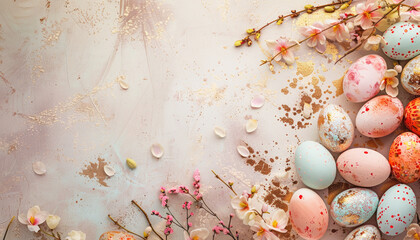 Elegant Easter card with colorful eggs and cherry blossoms on beige textured background. AI generated illustration.
