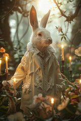 Elegant White Easter rabbit in vintage suit stands surrounded by candles in a magical forest. AI generated illustration.