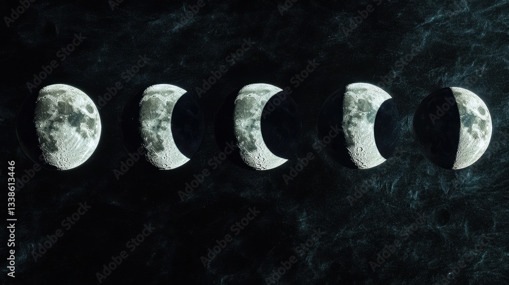 Poster lunar phases sequence capturing the evolving cycle of the moon against a deep cosmic background cele