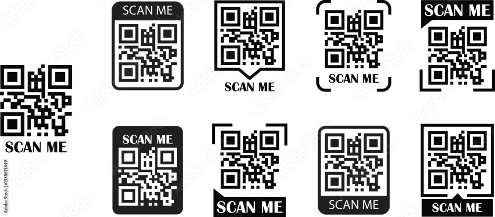 Poster qr code scan black icons set. scan me text vectors. smartphone usage. electronic, barcode, digital t