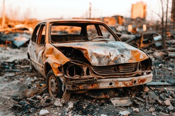 Burned-out car frame in a ditch, [severe accident], [concept: devastation and consequences]. , closes up