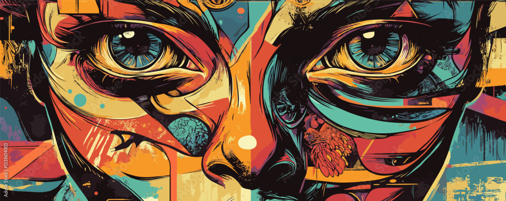Poster vibrant abstract street art showing colorful face with intricate patterns and expressive eyes.