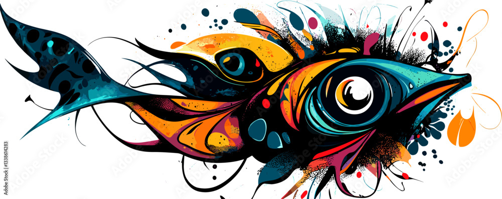Aufkleber vibrant abstract fish artwork with dynamic colors and geometric patterns.
