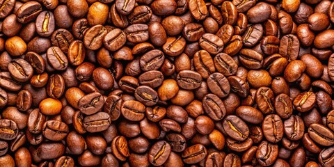 Obraz premium Rich brown roasted coffee beans fill the frame, a panoramic top-down view offering ample copy space.