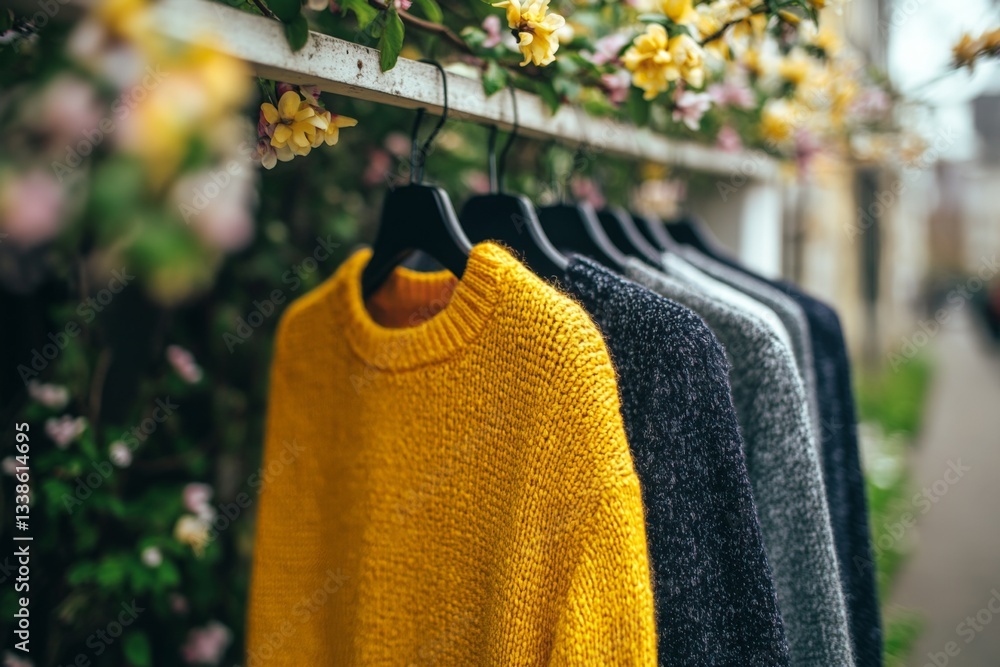 Poster cozy sweaters displayed in a charming garden setting during a spring afternoon