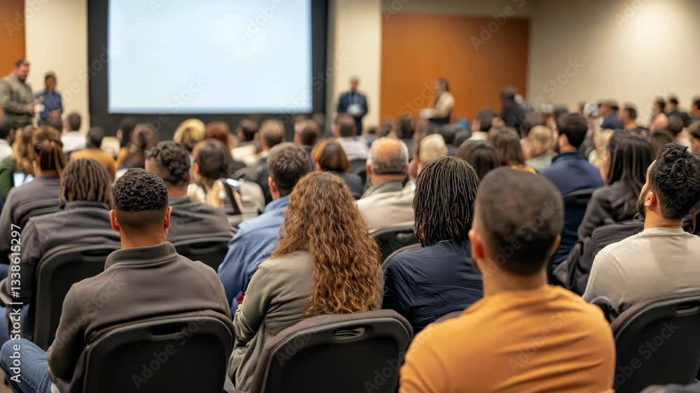 Poster A diverse audience of professionals listens to insightful speakers at a key business technology conference, fostering innovation and collaboration to enhance skills and networking opportunities