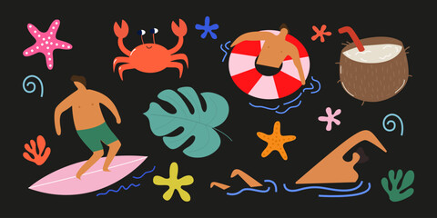 Cartoon beach tropical stickers. Big summer vacation collection and beach elements. Summer trip and holidays. Sea holidays accessories