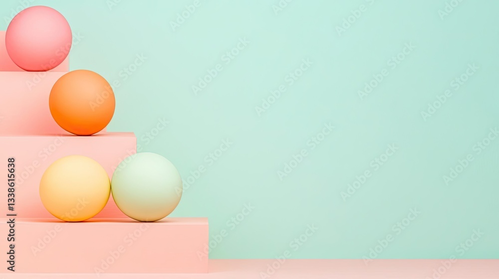 Poster negative space design abstract background concept. colorful pastel spheres arranged on pink steps ag