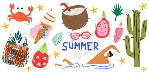 Cartoon beach tropical stickers. Big summer vacation collection and beach elements. Summer trip and holidays. Sea holidays accessories
