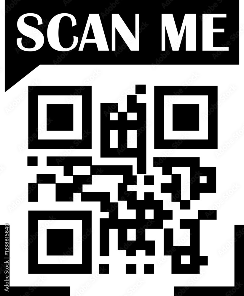 Poster qr code scan black icon. scan me text vector. smartphone usage. electronic, barcode, digital technol