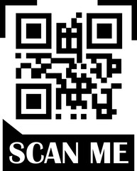 QR Code Scan black icon. Scan me text vector. Smartphone usage. Electronic, barcode, digital technology. QR code for mobile app, payment, identification and website isolated on transparent background.