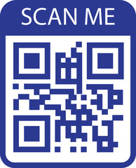 QR Code Scan blue icon. Scan me text vector. Smartphone usage. Electronic, barcode, digital technology. QR code for mobile app, payment, identification and website isolated on transparent background.