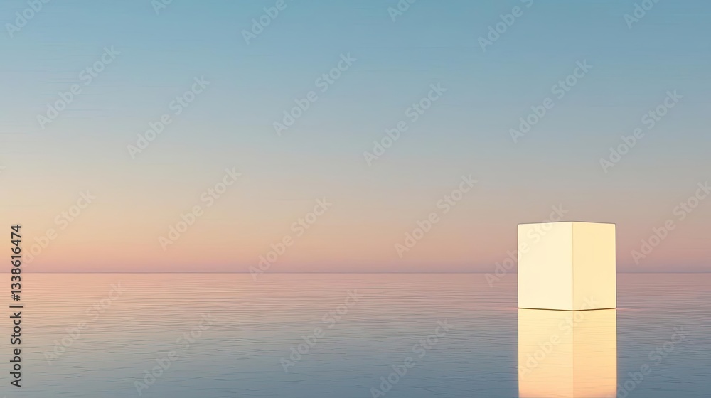 Aufkleber Surrealist art abstract background concept. A minimalist design featuring a reflective cube against a serene pastel sky.