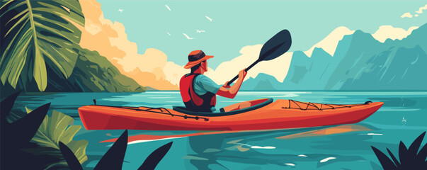 Man kayaking on serene lake with mountain views and lush greenery in vibrant sunset.