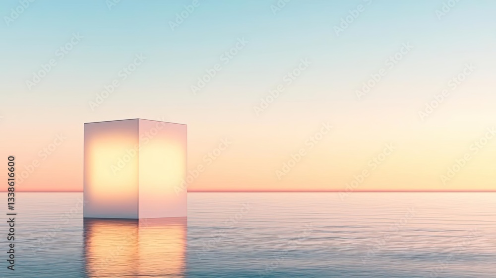 Aufkleber surrealist art abstract background concept. a surreal glowing cube reflects on a tranquil water surf