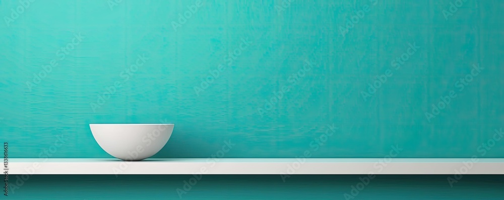 Poster Negative space design abstract background concept. A minimalist white bowl placed on a sleek shelf against a vibrant teal wall.