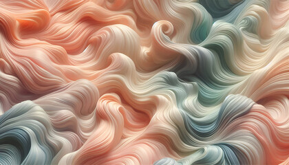 Fototapeta premium Dreamlike Drapes, Pastel Silk in Motion. Fluid waves of silk blending pastel shades of peach, mint, and lilac, evoking softness and refinement. Ai Generative