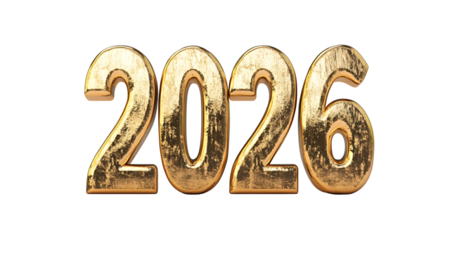 Metallic gold 3D number "2026", new year, bold and premium style, Transparent Background PNG - Powered by Adobe