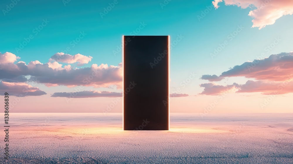 Poster negative space design abstract background concept. a striking monolith stands against a vibrant suns